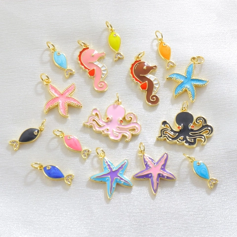 Ocean Marine Animal Pendants Enamel Copper Gold Plated Seahorse Starfish Octopus Fish Charms For DIY Jewelry Making Pendants