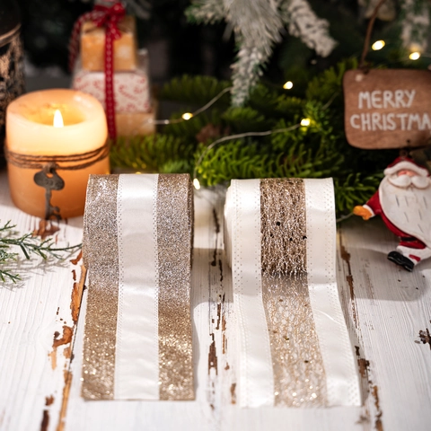 Nastro Decorativo Natalizio con Bordo Cablato Brillantini Oro Bianco a Strisce Tessuto Iuta Paillette per Albero Natale Regalo