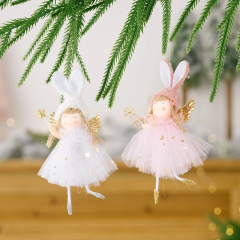 Pendente Bambola Ragazza Angelo Orecchie di Coniglio Maglia Paillettes Tessuto Ali d'Angelo Stella Albero di Natale