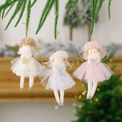 Christmas Angel Doll Hanging Decoration Plush Mesh Star Girl Ornament For Christmas Tree Home Decor Pink White Beige