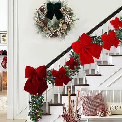 Large Velvet Christmas Bow Ornaments For Christmas Tree Decoration Red Burgundy Green Vintage Holiday Party Hanging Bows