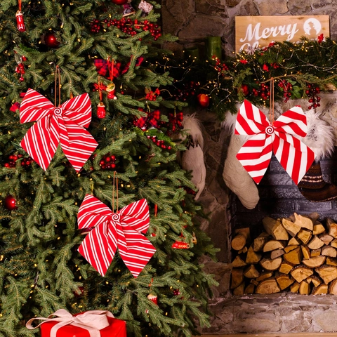 Christmas Tree Ornament Red White Striped Candy Sponge Bow Pendant Festive Party Home Hanging Decorations