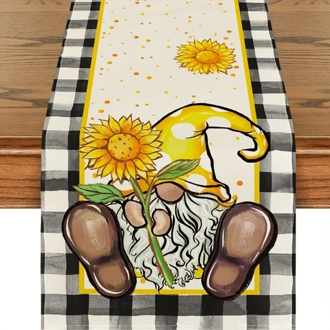 Chemin De Table Tournesol Gnome Été Polyester Carreaux Buffalo Décor De Table De Cuisine Rustique Pour Maison Fête