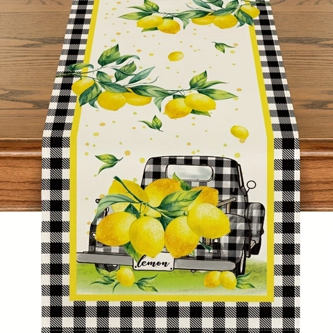 Chemin de Table Estivo con Limone e Camioncino Poliestere Nero Bianco Quadri per Cucina Sala da Pranzo Esterno Casa