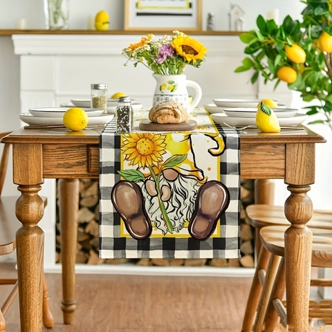 Chemin De Table Tournesol Gnome Été Polyester Carreaux Buffalo Décor De Table De Cuisine Rustique Pour Maison Fête