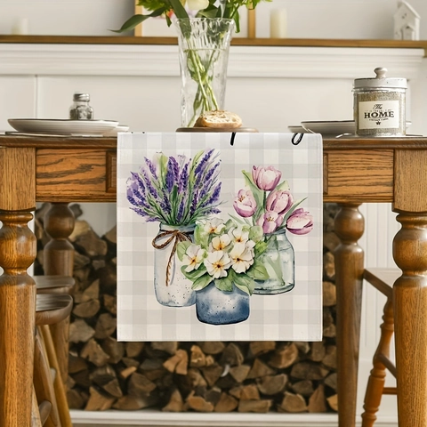 Runner da Tavolo Floreale Hello Spring in Poliestere Design a Scacchi Grigi e Vasi di Fiori per Cucina Sala da Pranzo Decorazione