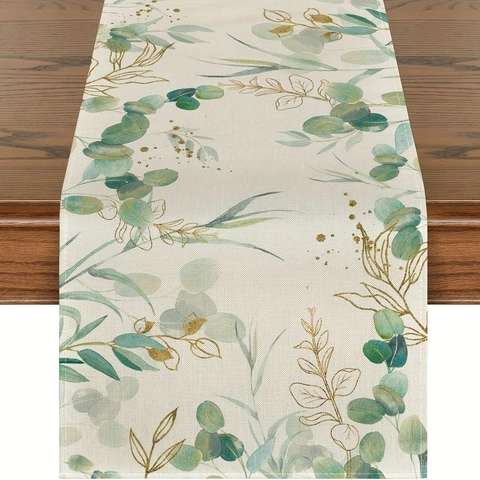 Moderne Eucalyptusbladeren Tafelloper Polyester Digitaal Bedrukt Groen En Goud Plantenpatroon Voor Eetkamer Thuis Tafeldecoratie