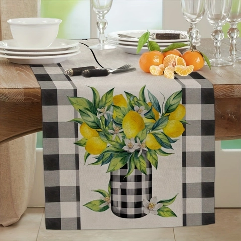 Landhaus Home Sweet Home Zitrone Tischläufer Buffalo Karomuster Polyester Tischdeko Für Sommer Küche Esszimmer Dekorativ Tischläufer