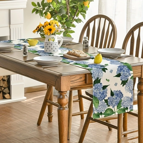Aquarell Hortensie Und Zitrone Blumen Tischläufer Polyester Stoff Für Frühling Sommer Küche Esszimmer Party Tisch Deko Heim Dekoration