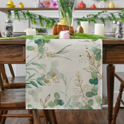 Moderne Eucalyptusbladeren Tafelloper Polyester Digitaal Bedrukt Groen En Goud Plantenpatroon Voor Eetkamer Thuis Tafeldecoratie