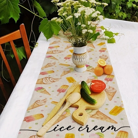 Runner da Tavola Estivo con Gelato in Poliestere per Fattoria Decorazione Interna a Tema Vintage per Feste e Cene