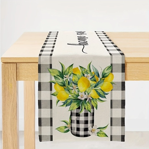 Landhaus Home Sweet Home Zitrone Tischläufer Buffalo Karomuster Polyester Tischdeko Für Sommer Küche Esszimmer Dekorativ Tischläufer