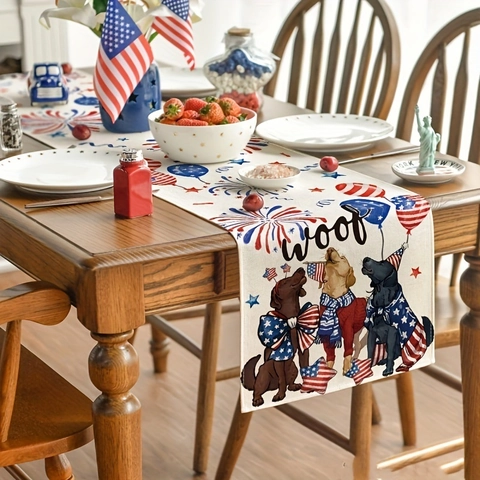 Chemin de Table Chien Jour de l'Indépendance Polyester Patriotique Étoiles Rayures Quatre Juillet Feu d'Artifice Fête