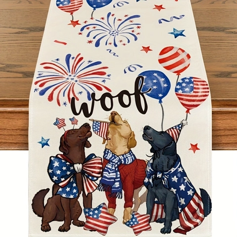 Chemin de Table Chien Jour de l'Indépendance Polyester Patriotique Étoiles Rayures Quatre Juillet Feu d'Artifice Fête