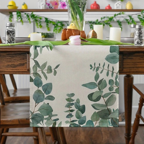 Runner da Tavolo in Poliestere con Motivo a Foglie di Eucalyptus Decorazione Rettangolare in Finto Lino per Tavolo da Pranzo