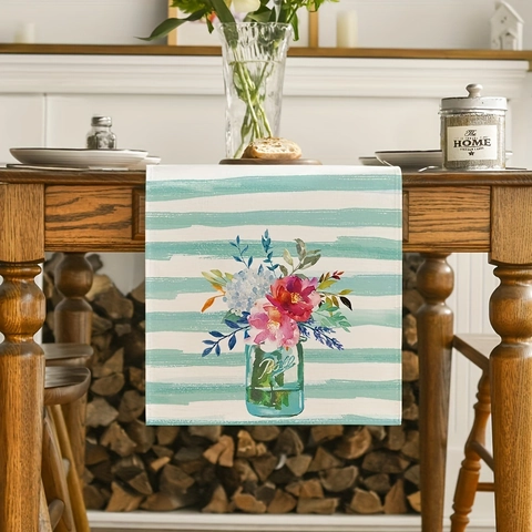 Polyester Tischläufer Leinenoptik Aquarell Blumen Einmachglas Druck Küche Esszimmer Deko Modern Bauernhaus Stil Tischdeko