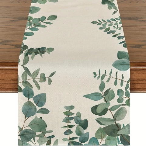 Runner da Tavolo in Poliestere con Motivo a Foglie di Eucalyptus Decorazione Rettangolare in Finto Lino per Tavolo da Pranzo