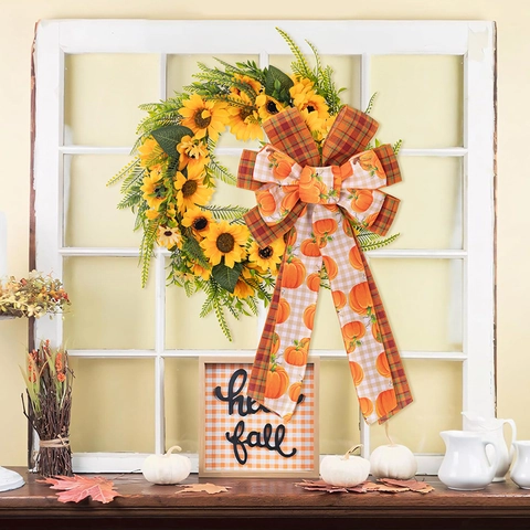 Grande Fiocco di Iuta a Forma di Zucca per Ringraziamento Decorazione Ghirlanda Autunnale Festa del Raccolto Fiocco in Nastro Arancione Plaid Decorazione Parete Casa