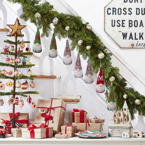Gnomo di Natale in Maglia Decorazione Sospesa Alfabeto Ricamo Rosso Verde Grigio Stoffa Gonk per Decorazione Albero di Natale
