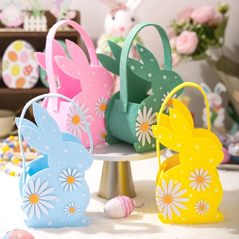 Easter Rabbit Felt Storage Basket Cute Bunny Handbag Candy Gift Bag With Daisy Flower Pattern Party Decor For Kids