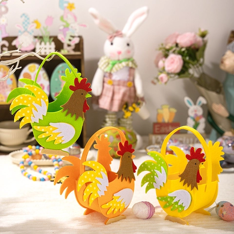 Easter Cartoon Rooster Shaped Felt Storage Basket Colorful 3D Chicken Gift Candy Handbag For Festive Home Decoration