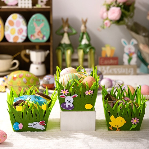 Ostern Vliesstoff Aufbewahrungskorb Grasform Hase Küken Muster Filz Geschenkkorb Festliche Tischdekoration