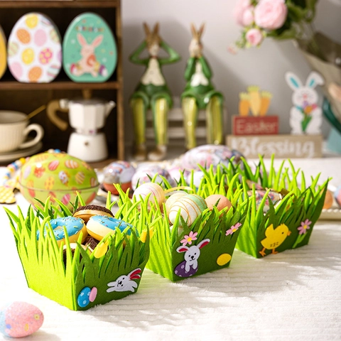 Ostern Vliesstoff Aufbewahrungskorb Grasform Hase Küken Muster Filz Geschenkkorb Festliche Tischdekoration