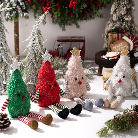 Addobbo per Albero di Natale in Peluche Con Gambe Lunghe a Righe Stella Superiore Statuetta Seduta Morbida per Festa di Casa