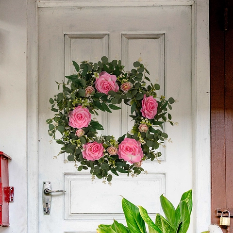 Ghirlanda di Rose Artificiali Rosa ed Eucalipto Ghirlanda per Porta d'Ingresso Parete Matrimonio Casa Fiori Finti