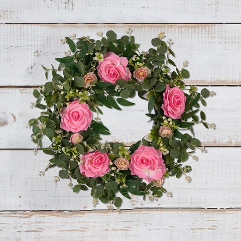 Ghirlanda di Rose Artificiali Rosa ed Eucalipto Ghirlanda per Porta d'Ingresso Parete Matrimonio Casa Fiori Finti