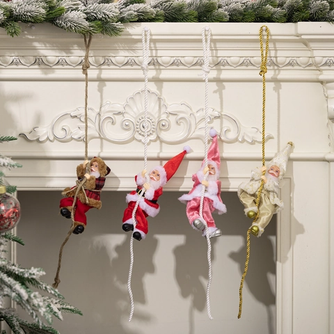 Klimmende Kerstman Touw Hangend Ornament Hars Kerstfiguur Voor Boom Muur Decor Roze Goud Plated Vakantie Feest Decoratie