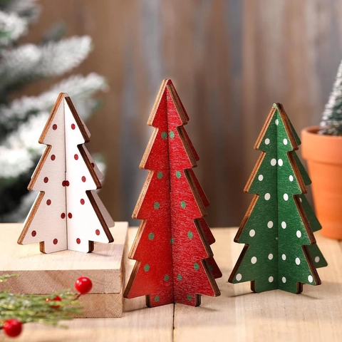 Sapin de Noël en Bois Ornements de Table 3D DIY Design à Pois Ensemble Décoration de Maison Fête de Noël en Bois