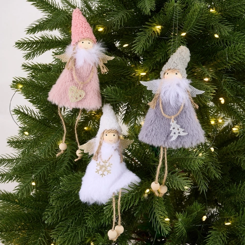 Kreativer Weihnachtsengel Plüsch Anhänger Mit Lammwolle Holzperlen Glitzer Flügel Hängende Dekoration Für Weihnachtsbaum