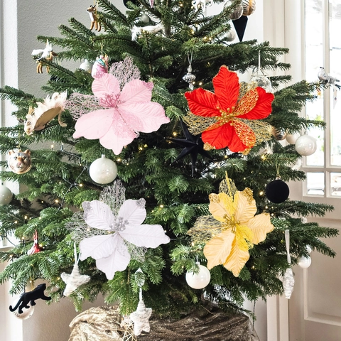 Künstliche Weihnachts-Poinsettia Glitzer Hohlgeflecht Stoff Blumenstiele Für Weihnachtsbaum Party Dekoration Zuhause Dekor