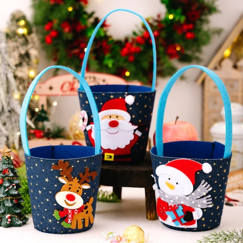 Blau Filz Weihnachts Geschenkbeutel Sterne Muster Weihnachtsmann Schneemann Rentier Applikation Feiertag Party Süßigkeiten Eimer Lagerung Beutel