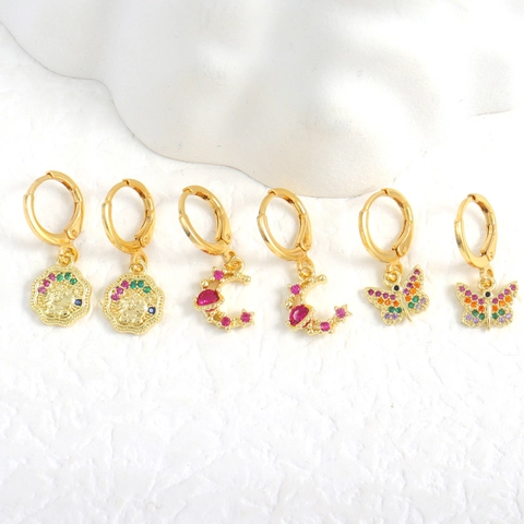 Western Style Gold Plated Copper Drop Earrings For Women Multicolor Rhinestone Butterfly Bear Moon Star Animal Jewelry