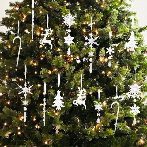 Set di 14 Pezzi di Addobbi Natalizi in Acrilico Trasparente Ciondoli a Forma di Fiocco di Neve Alce Ghiacciolo per Decorazioni Albero di Natale