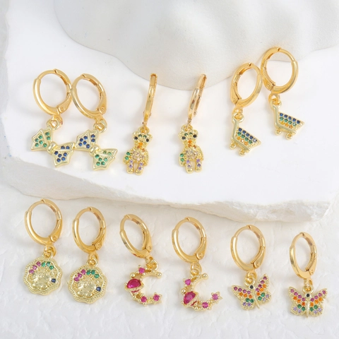 Western Style Gold Plated Copper Drop Earrings For Women Multicolor Rhinestone Butterfly Bear Moon Star Animal Jewelry