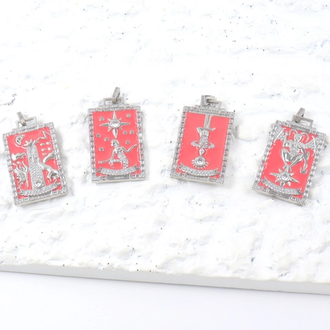 Mysterious Tarot Card Pendant For Women Copper Zirconia Inlaid Red Enamel Retro The Tower Star Hanged Man Devil Necklace Accessory
