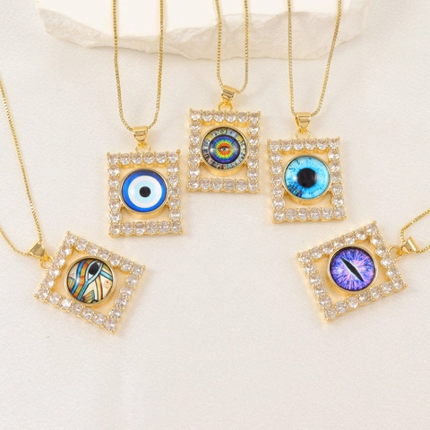 Trendy 18K Gold Plated Copper Zirconia Devil's Eye Pendant Necklace Rectangular Pave Nazar Eye Box Chain Jewelry For Women