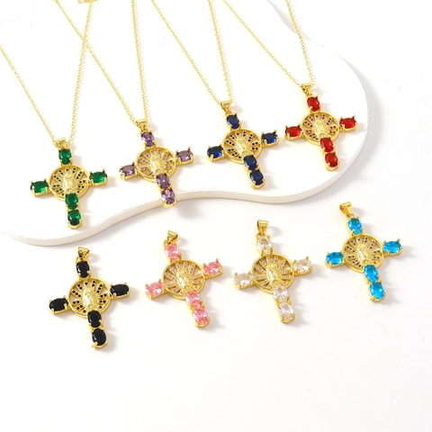 Collar con Colgante de Cruz de la Virgen María Religiosa Cobre Chapado en Oro Circonita Multicolor Joyería Retro Mujer