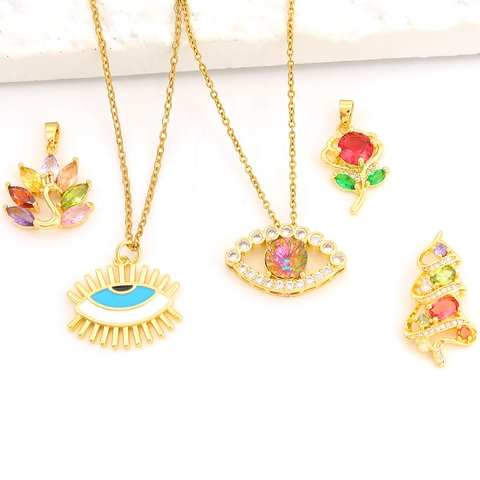 Fashion Copper Zirconia Evil Eye Butterfly Guitar Pendant Necklace For Women Gold Plated Enamel Colorful Stone Jewelry
