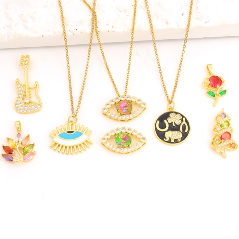 Fashion Copper Zirconia Evil Eye Butterfly Guitar Pendant Necklace For Women Gold Plated Enamel Colorful Stone Jewelry