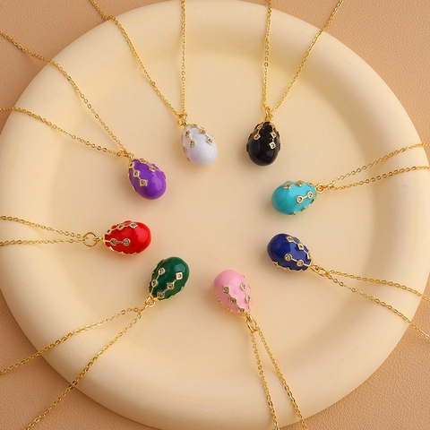Vintage Faberge Style Egg Pendant Necklace Enamel Rhinestone Copper Gold Plated Drip Oil Jewelry For Women Easter Gift