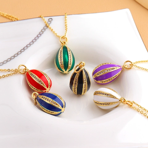 Vintage Enamel Egg Pendant Necklace Gold Plated Copper Zirconia Inlaid Luxury Striped Jewelry For Women Easter Gift
