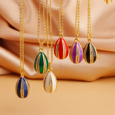Vintage Enamel Egg Pendant Necklace Gold Plated Copper Zirconia Inlaid Luxury Striped Jewelry For Women Easter Gift