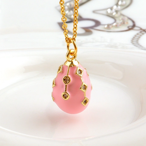 Vintage Faberge Style Egg Pendant Necklace Enamel Rhinestone Copper Gold Plated Drip Oil Jewelry For Women Easter Gift