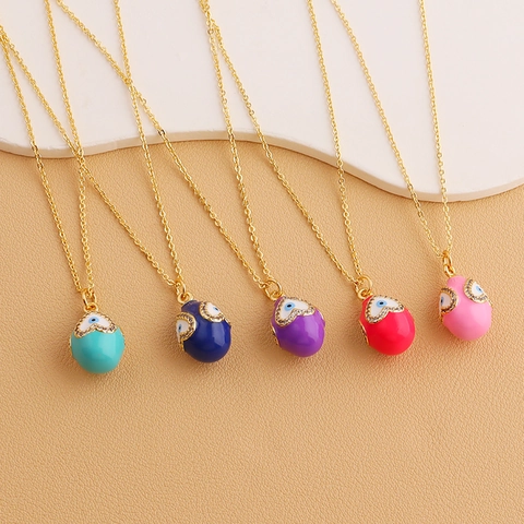 Exotic Gold Plated Copper Enamel Evil Eye Heart Pendant Necklace Zirconia Inlaid Egg Shaped Clavicle Chain Jewelry For Women