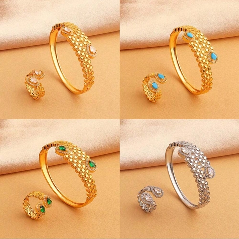 Parure de Bijoux Style Cour Renaissance Vintage en Cuivre Plqué Or Avec Strass en Forme de Goutte Bracelet Ouvert et Bague Femme