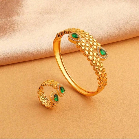 Parure de Bijoux Style Cour Renaissance Vintage en Cuivre Plqué Or Avec Strass en Forme de Goutte Bracelet Ouvert et Bague Femme